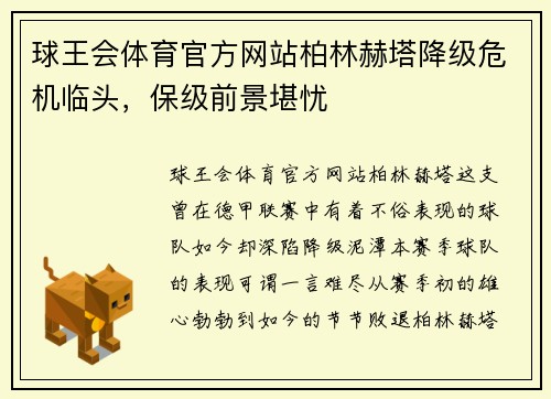 球王会体育官方网站柏林赫塔降级危机临头，保级前景堪忧